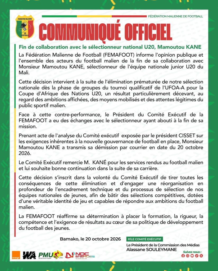 Communiqué officiel : fin de collaboration avec le sélectionneur U20